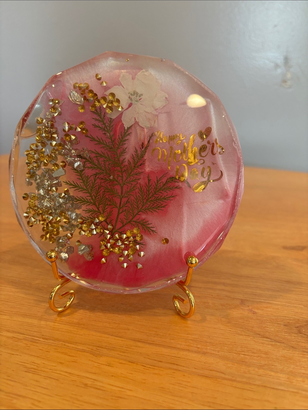 Handmade Pink Resin Mother's Day Decorative Coaster with Gold Accents